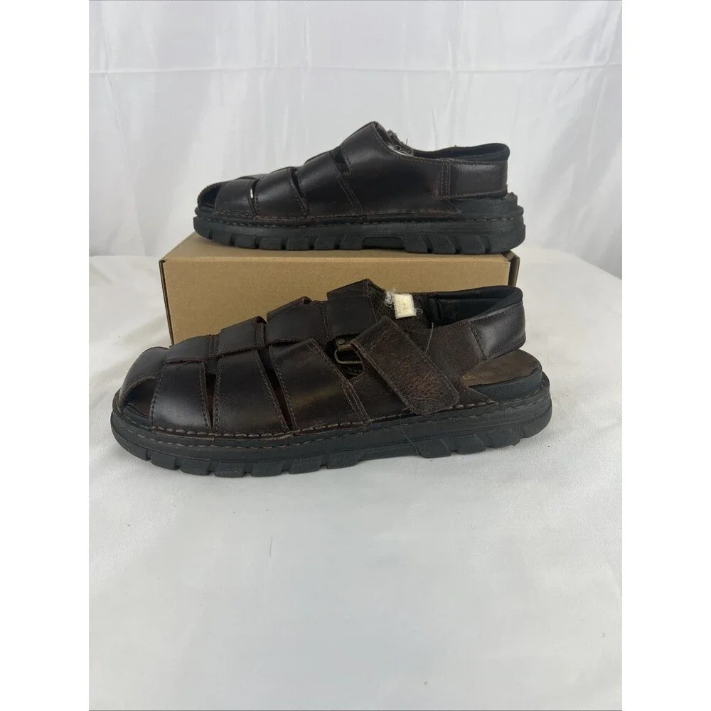 Hunters Bay Men's Brown Leather Fisherman Sandals Shoes Size 12 Hook & Loop